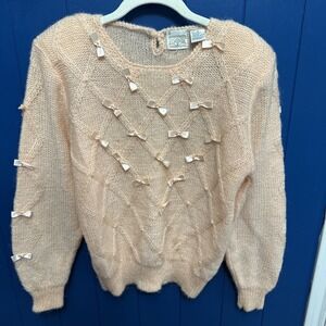 Vintage Forindi Sweater Womens Medium Bows Pullover 80s Knitted Pink With Pearls